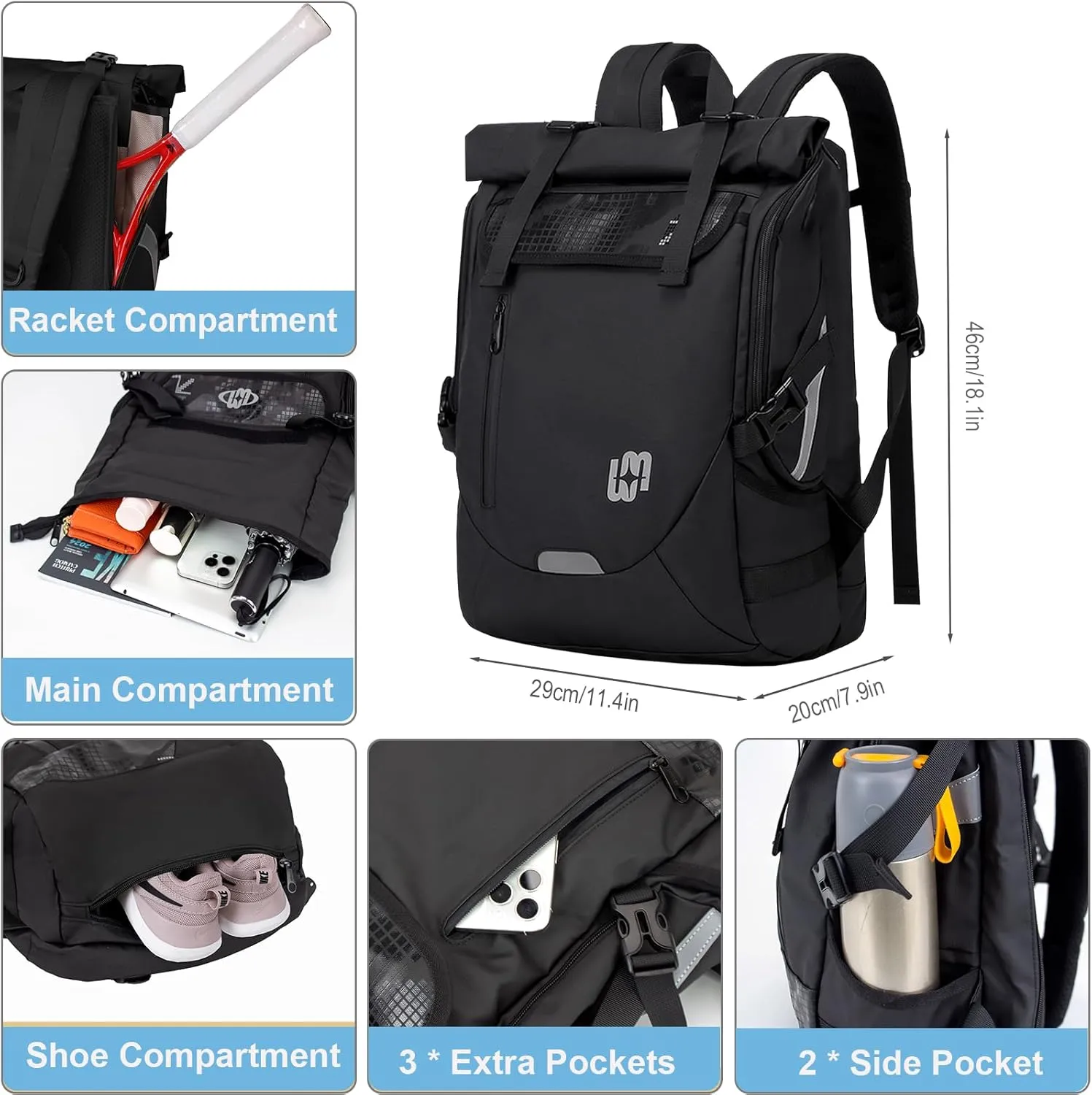 Tennis Bag Tennis Backpack for Women Men Holds 2 Rackets with Shoe Compartment, Large Pickleball Backpack Hold Tennis Racket, Pickleball Paddles, Badminton Racquet