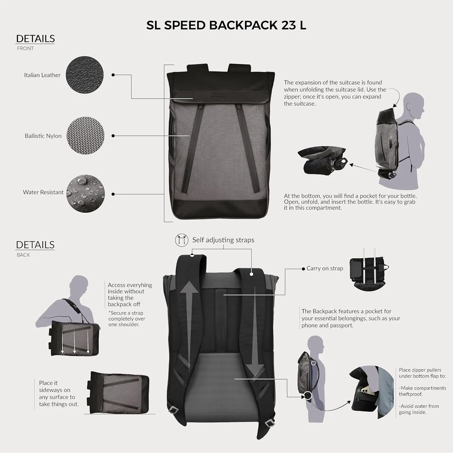 The Frenchie Co. Super Light Ballistic Speed Backpack, Expandable Lightweight, Anti-Theft Magnetic Closure Backpack With Self-Adjusting Straps, Made of Ballistic Nylon