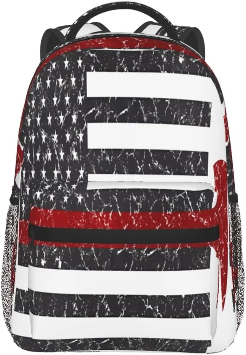 Thin Red Line Axe American Flags Patriot Firefighter Casual Backpacks Sport Backpack Travel Rucksack Canvas Daypack Workout Bags with Pockets for Gym Working Hiking
