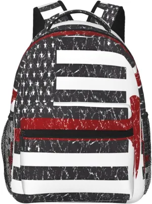 Thin Red Line Axe American Flags Patriot Firefighter Casual Backpacks Sport Backpack Travel Rucksack Canvas Daypack Workout Bags with Pockets for Gym Working Hiking