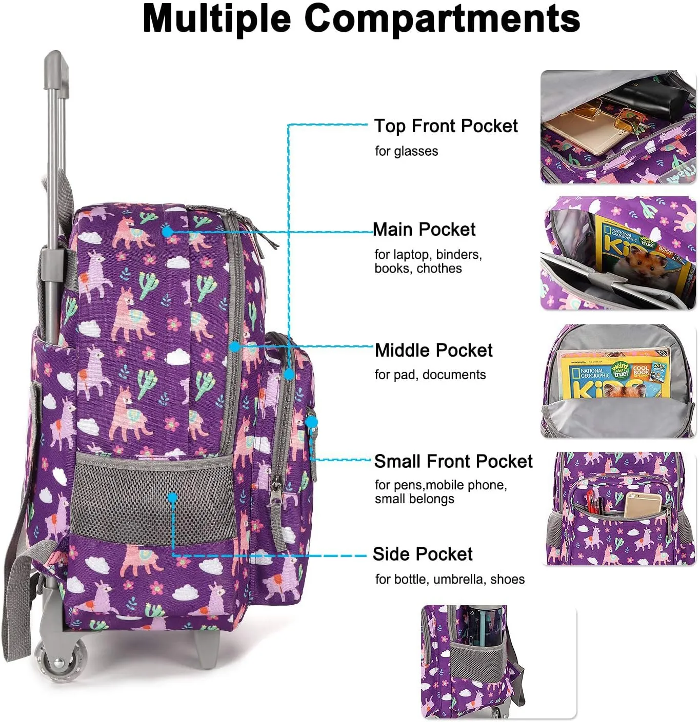 Tilami Rolling Backpack 18 inch Double Handle Wheeled Boys Girls Travel School Children Luggage Toddler Trip, Purple Alpaca