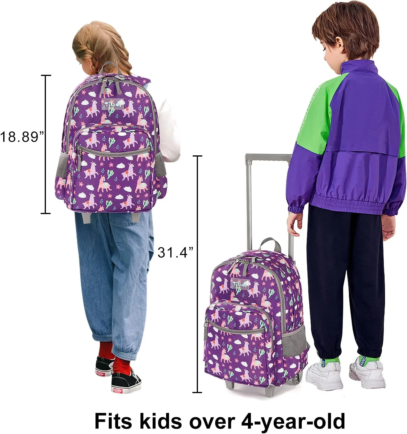 Tilami Rolling Backpack 18 inch Double Handle Wheeled Boys Girls Travel School Children Luggage Toddler Trip, Purple Alpaca