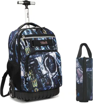 Tilami Rolling Backpack 18 inch with Pencil Case Wheeled Laptop Bag (Blue Letters)