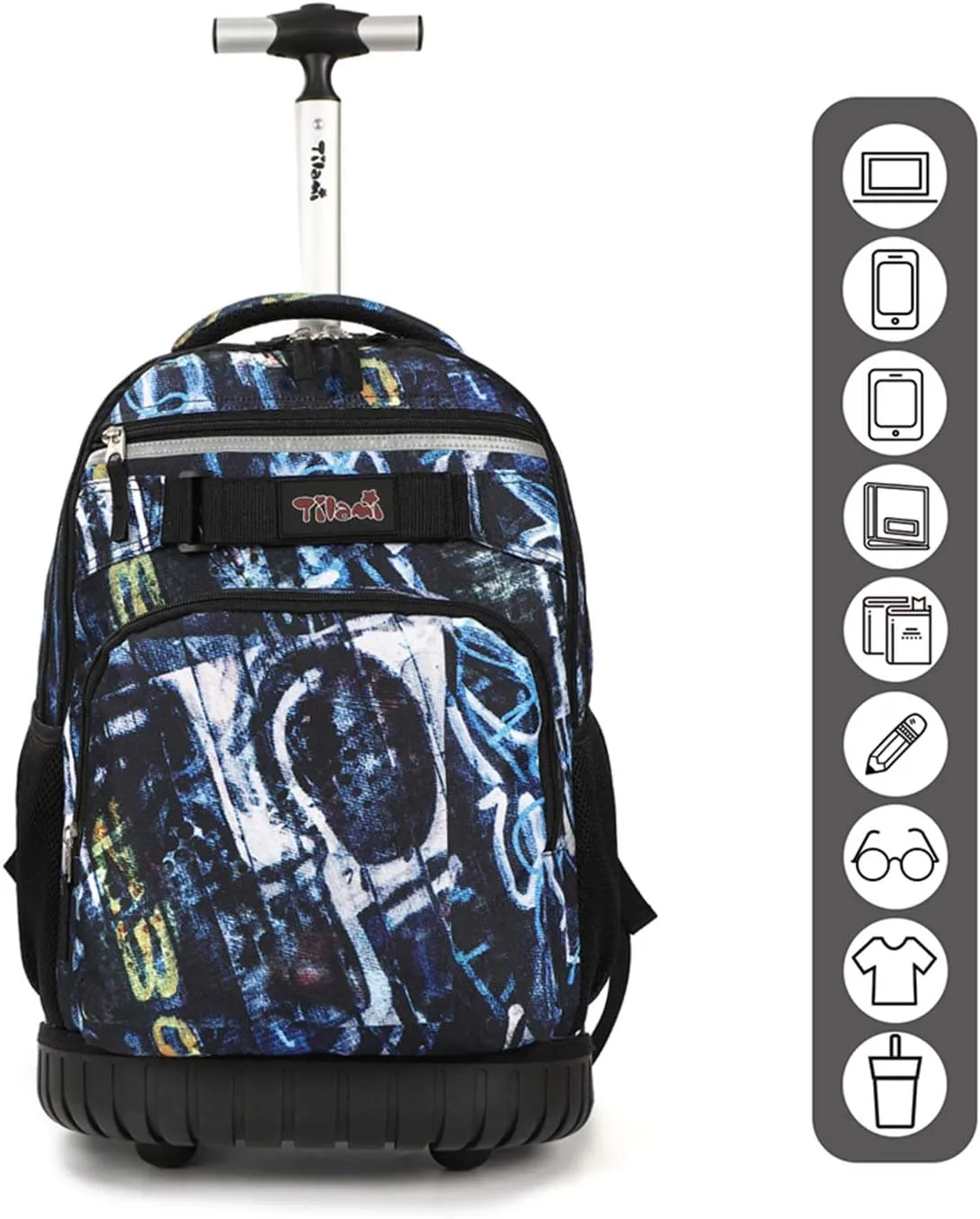 Tilami Rolling Backpack 18 inch with Pencil Case Wheeled Laptop Bag (Blue Letters)
