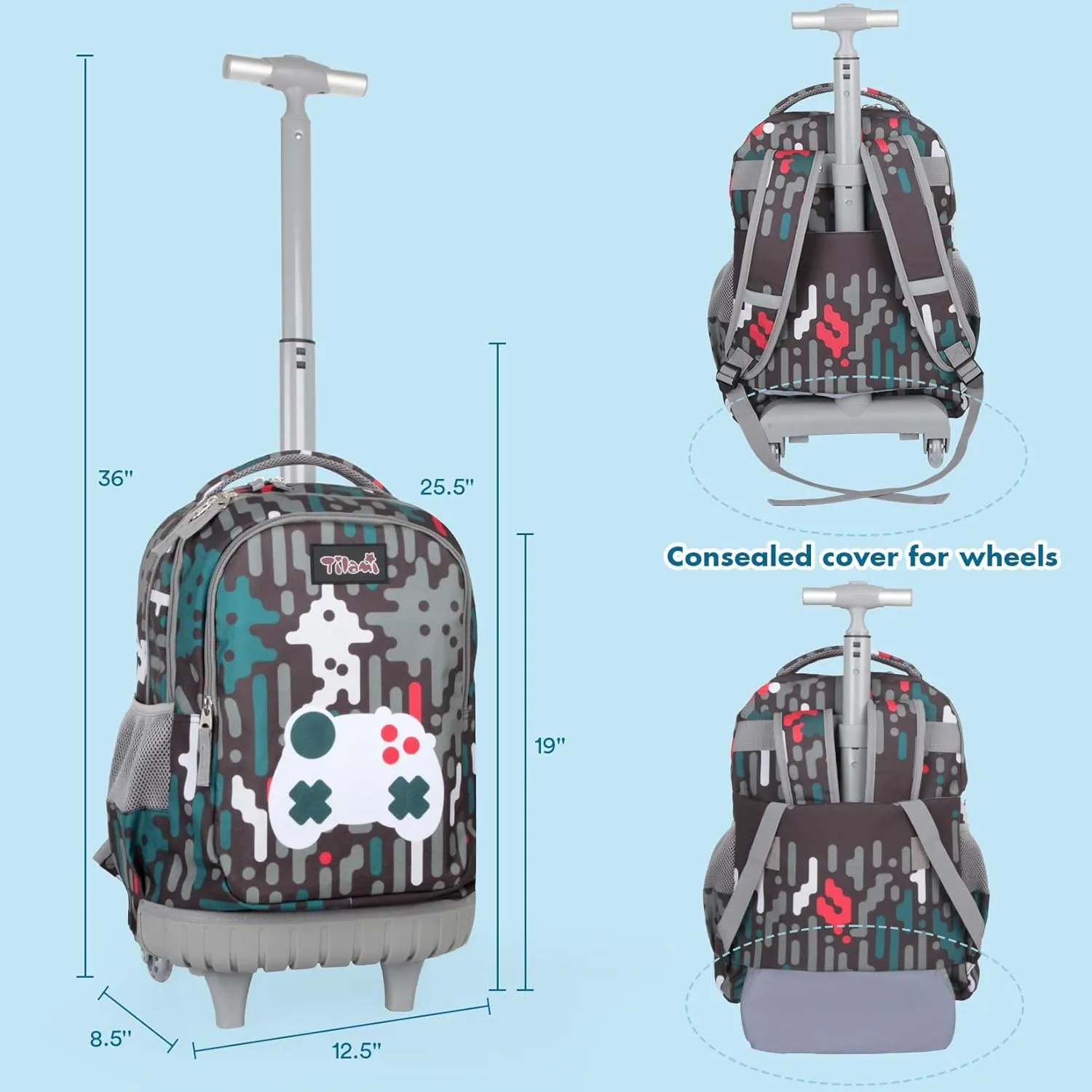 Tilami Rolling Backpack for Kids 18 Inch Wheeled Bookbag for Boys & Girls for School & Travel,Game