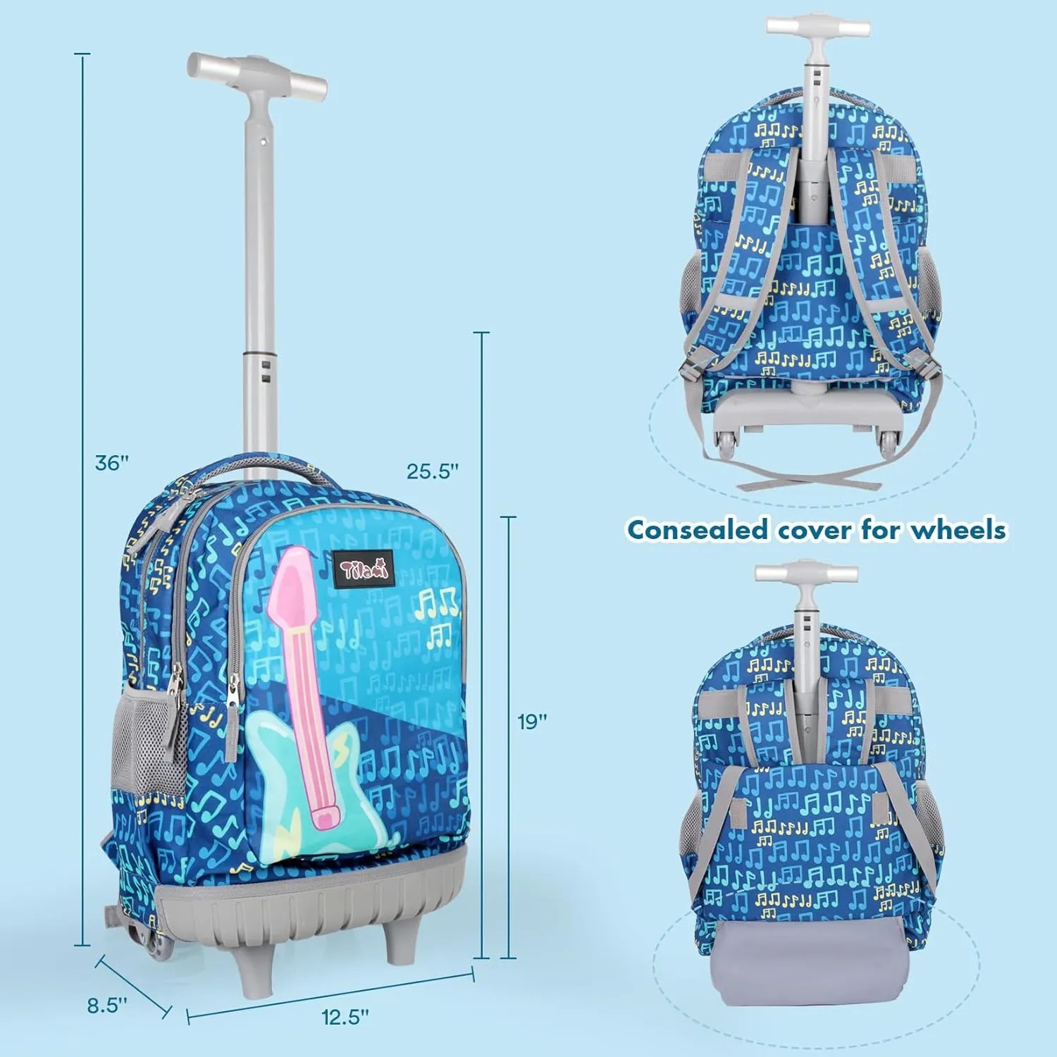 Tilami Rolling Backpack for Kids 18 Inch Wheeled Bookbag for Boys & Girls for School & Travel,Gitar