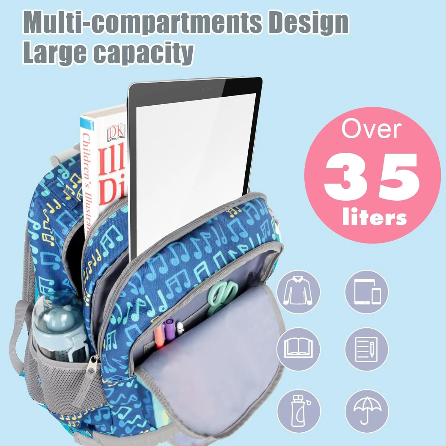 Tilami Rolling Backpack for Kids 18 Inch Wheeled Bookbag for Boys & Girls for School & Travel,Gitar