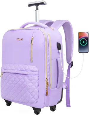 Tilami Rolling Backpack for Women, Carry on Laptop Backpacks with Wheels, 40L Roller Backpack for Travel,Purple
