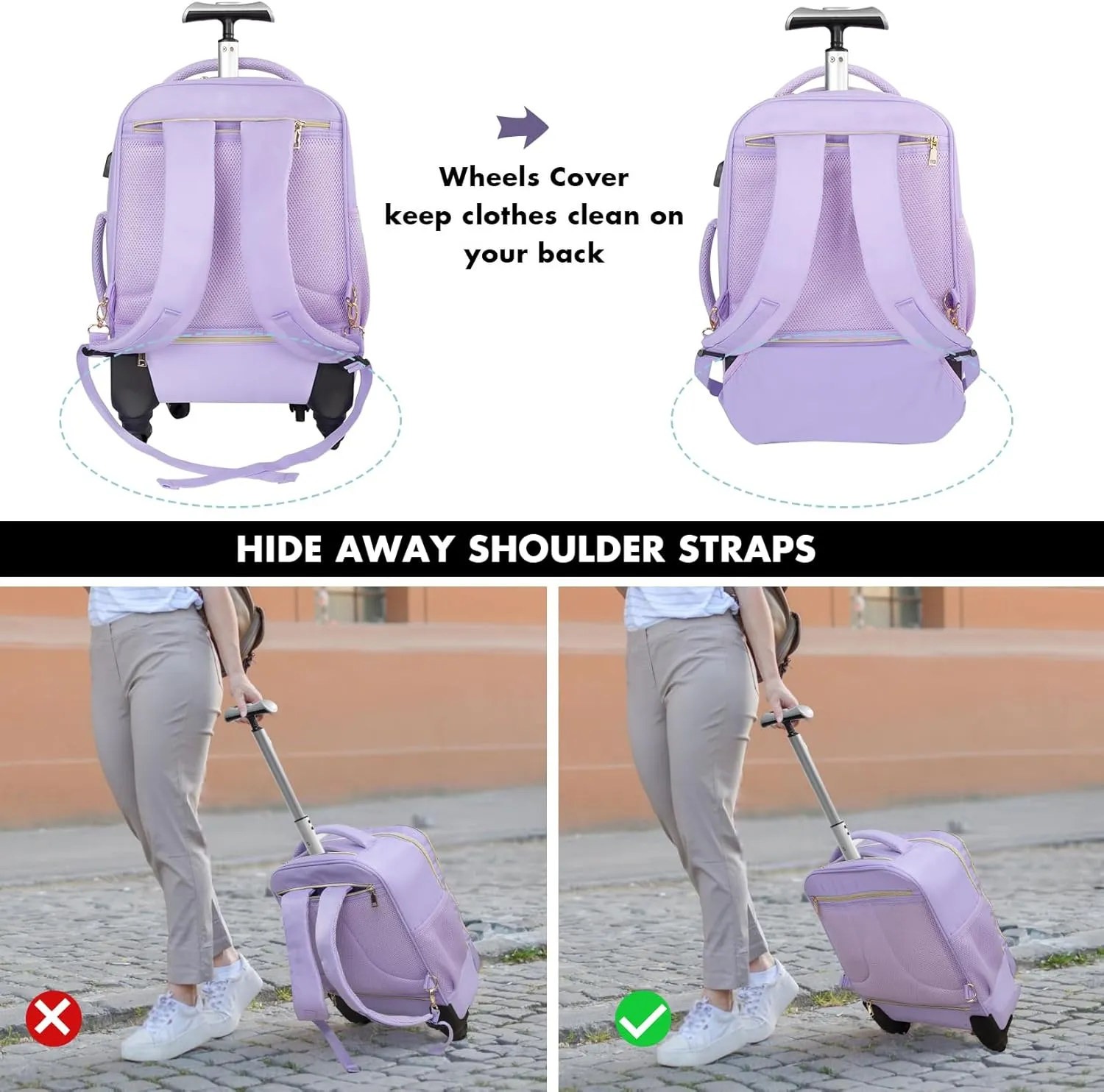 Tilami Rolling Backpack for Women, Carry on Laptop Backpacks with Wheels, 40L Roller Backpack for Travel,Purple