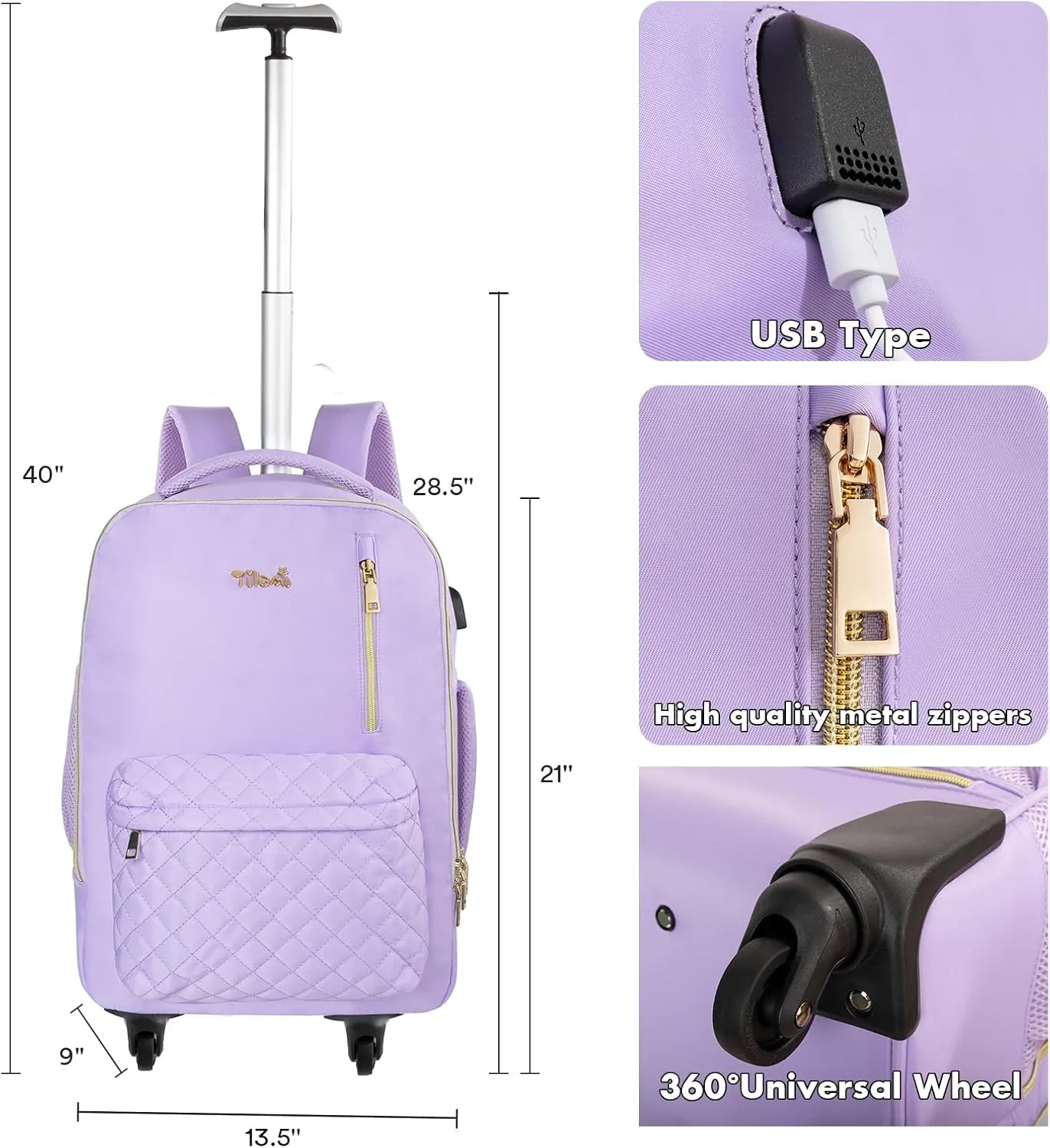 Tilami Rolling Backpack for Women, Carry on Laptop Backpacks with Wheels, 40L Roller Backpack for Travel,Purple