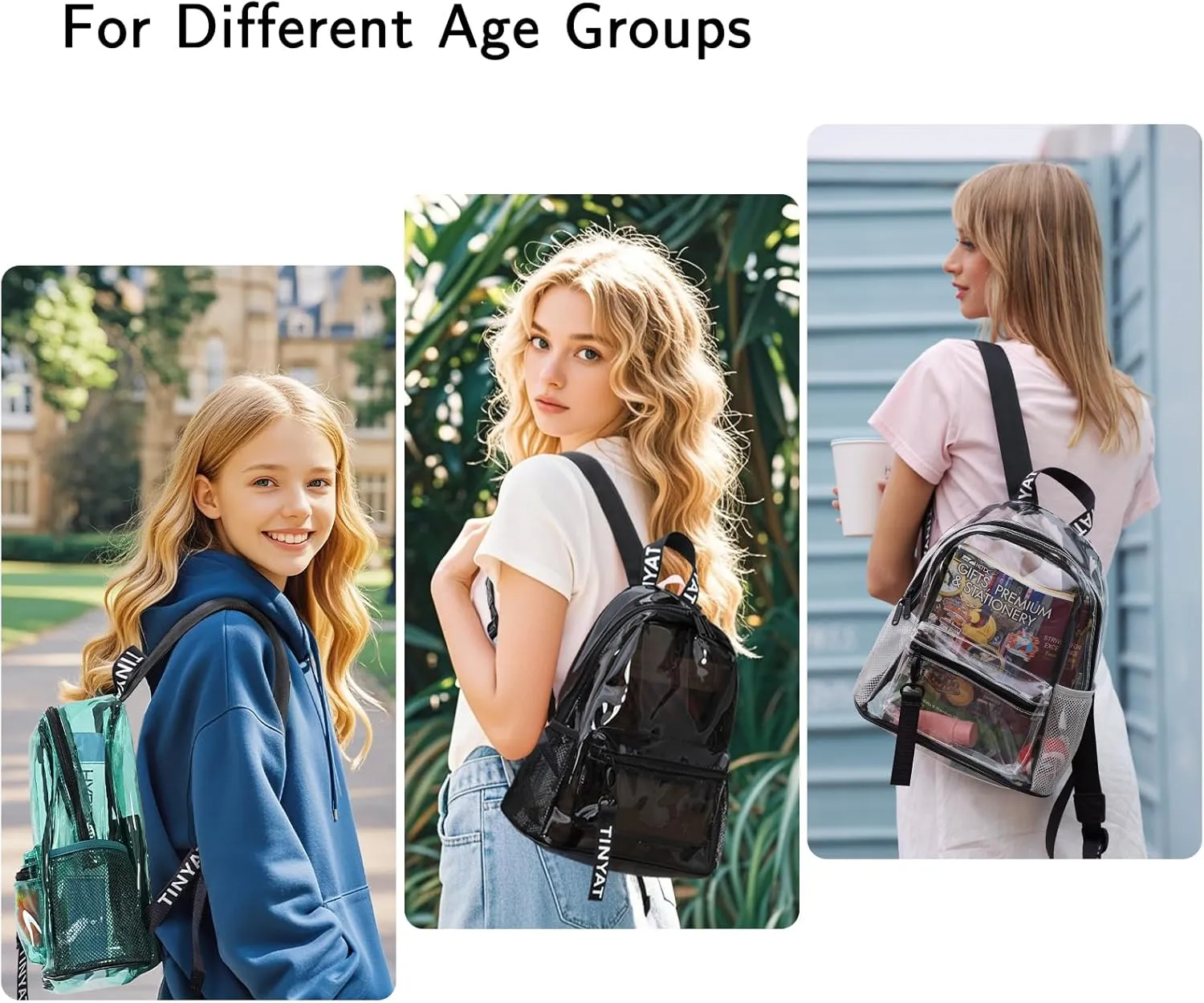 TINYAT Small Clear backpack for Women See Through Clear Bag Cute Transparent Backpack for Work, Concerts, Sports, Travel