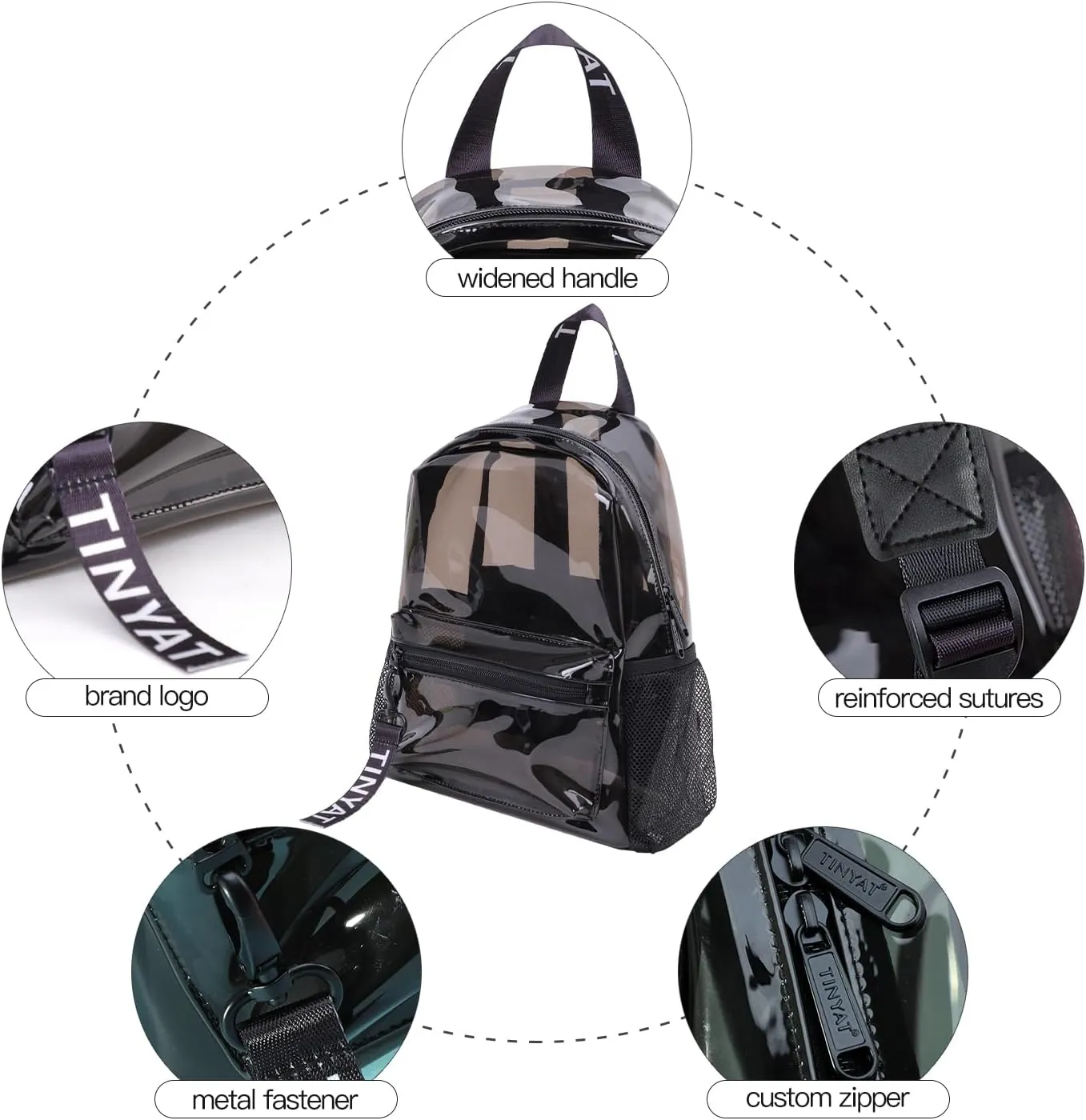TINYAT Small Clear backpack for Women See Through Clear Bag Cute Transparent Backpack for Work, Concerts, Sports, Travel