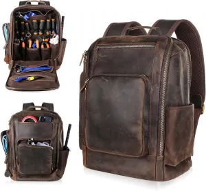 Tool Backpack Genuine Leather Tool Bag Backpack Heavy Duty Leather Tool Pouch Bag Grain leather Tool Bag Organizer for Motorcycle Mechanic Electrician Woodworker Hobbyist