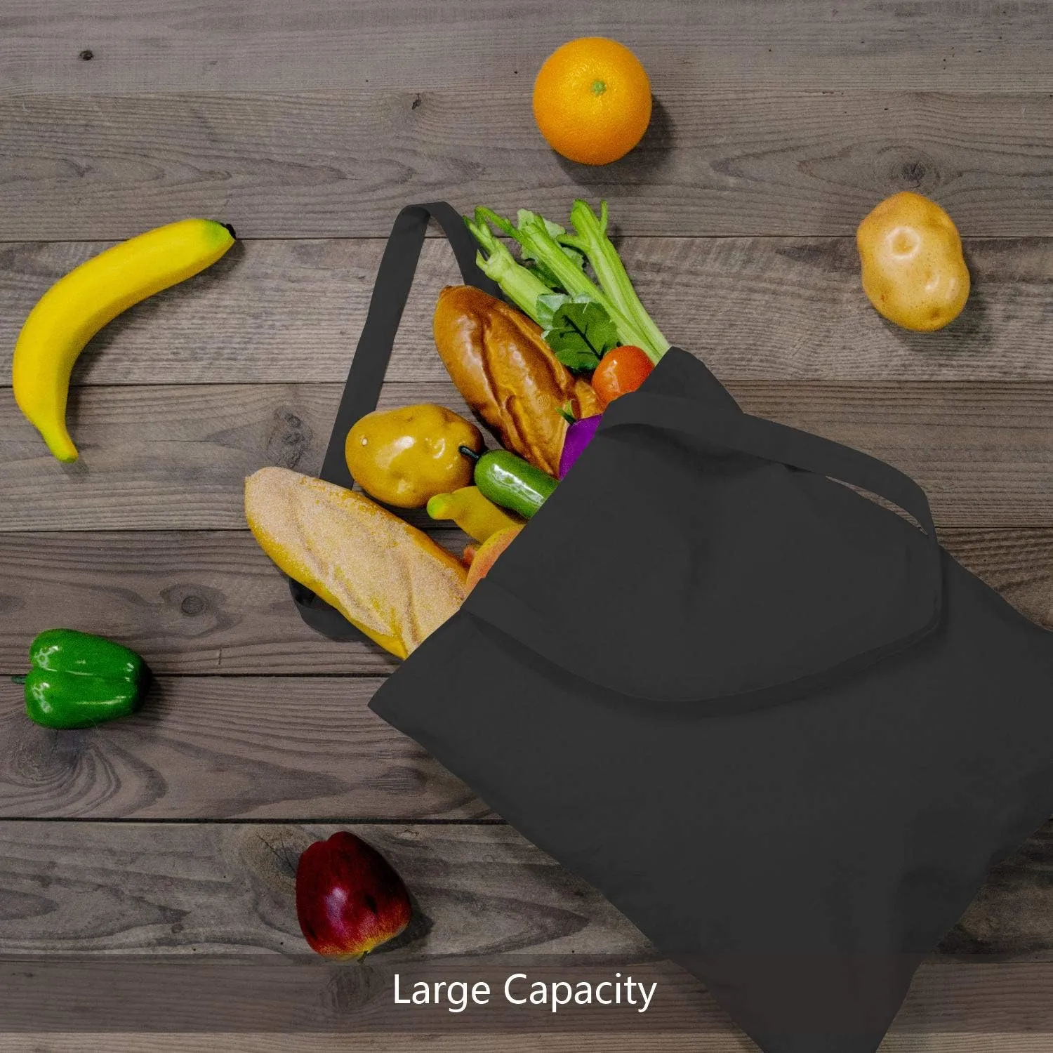 TOPDesign 6-Pack Economical 16"x15" Black Cotton Tote Bag, Lightweight Medium Reusable Grocery Shopping Cloth Bags, Suitable for DIY, Advertising, Promotion, Gift, Activity