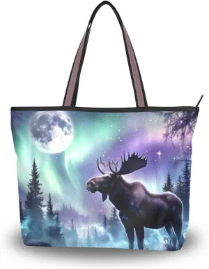 Tote Bag for Women Moose Aurora Forest Durable Designer Handbag with Zipper for Daily Use Travel L