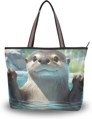 Tote Bag for Women Otter Hand Up Cute Durable Designer Handbag with Zipper for Daily Use Travel L