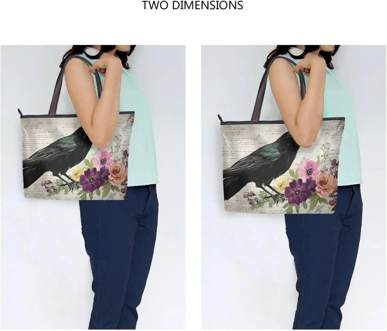 Tote Bag for Women Retro Crow Flower Durable Designer Handbag with Zipper for Daily Use Travel L