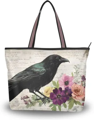 Tote Bag for Women Retro Crow Flower Durable Designer Handbag with Zipper for Daily Use Travel L