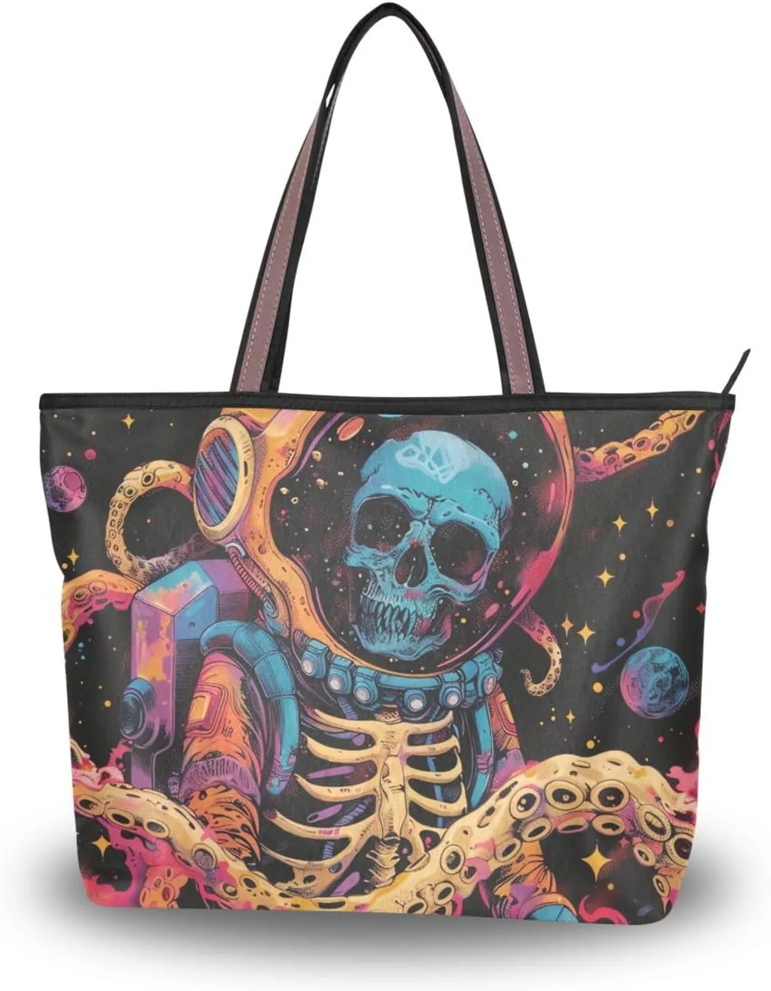 Tote Bag for Women Skeleton Octopus Astronaut Durable Designer Handbag with Zipper for Daily Use Travel L