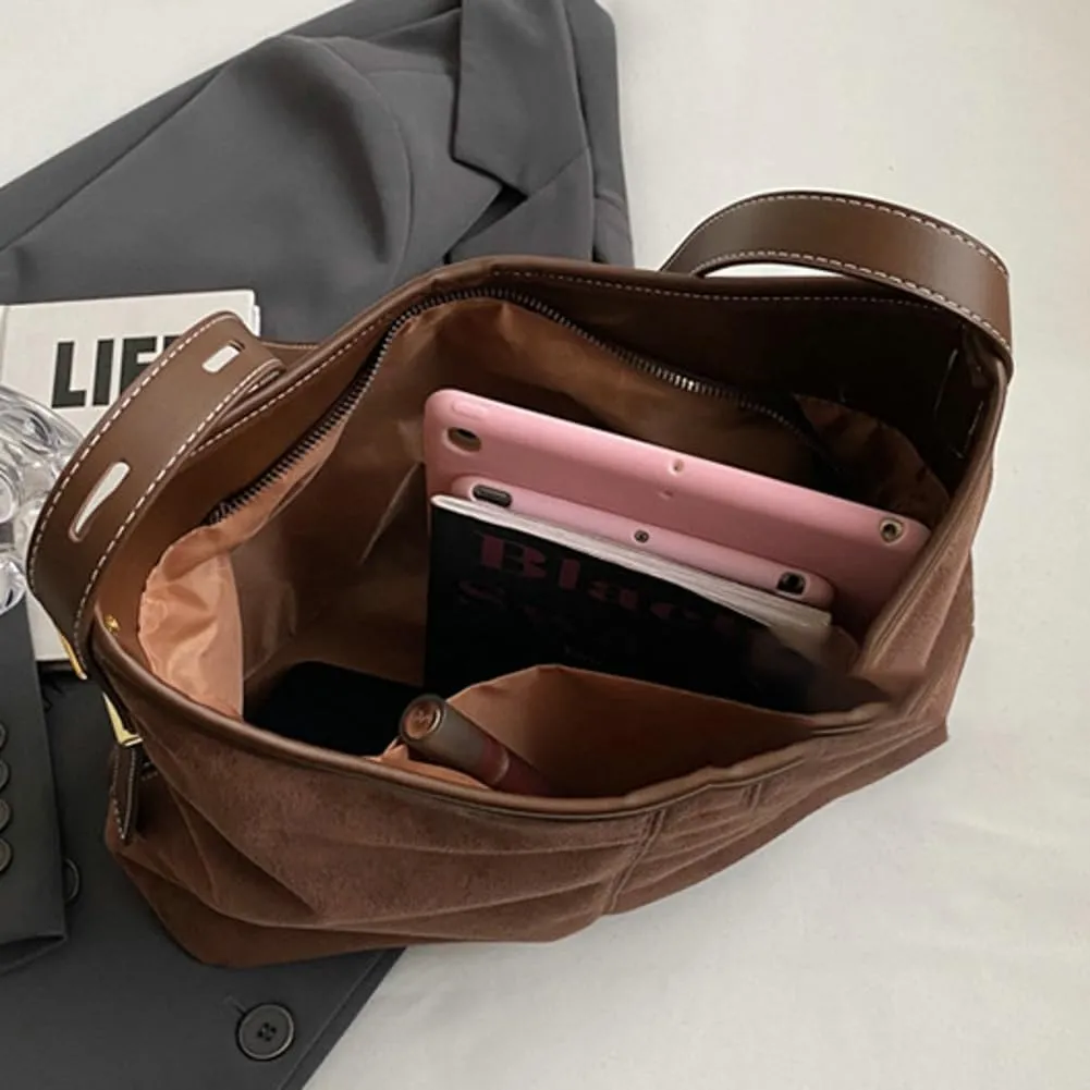 Tote Bag for Women Suede Classic Top-handle Shoulder Bags Slouchy Hobo Crossbody Bag Retro College Work Purse Handbag
