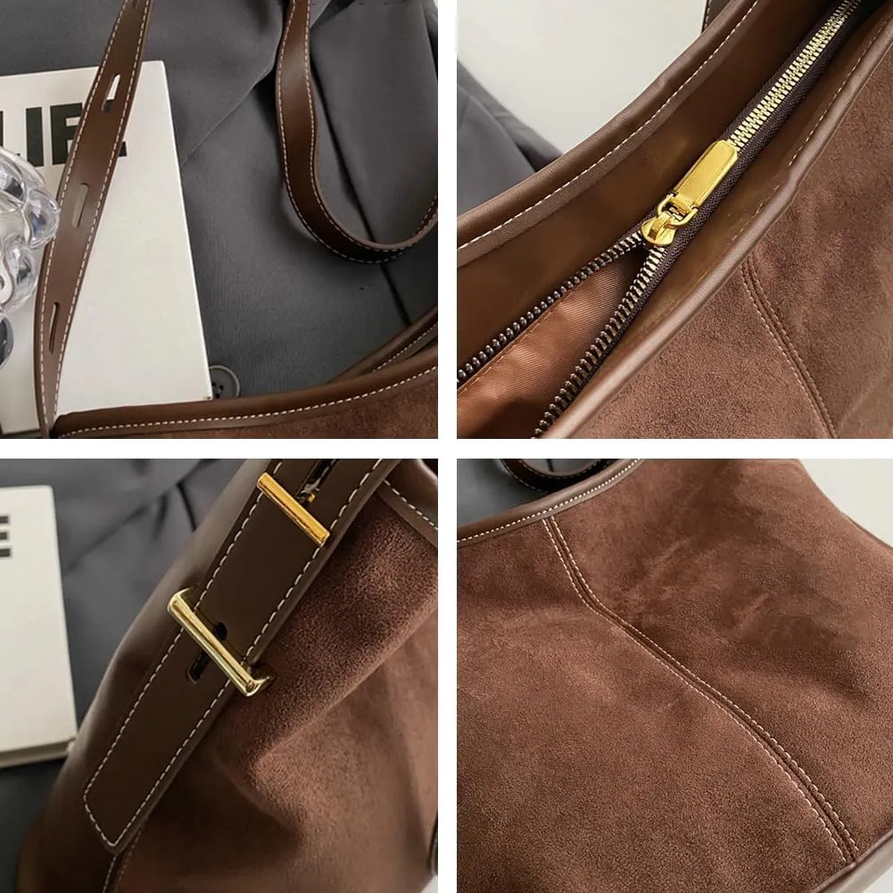 Tote Bag for Women Suede Classic Top-handle Shoulder Bags Slouchy Hobo Crossbody Bag Retro College Work Purse Handbag