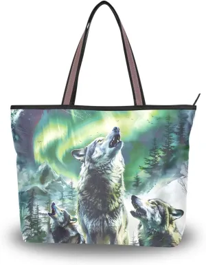 Tote Bag for Women Three Wolves Howling Aurora Durable Designer Handbag with Zipper for Daily Use Travel L