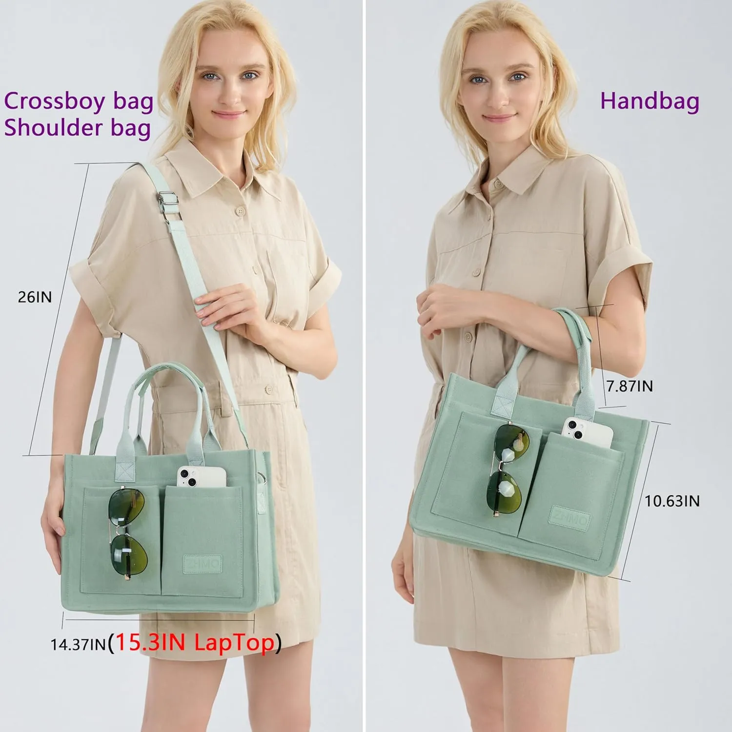 Tote Bag for Women With Compartments,Large Canvas Tote Women's Purse Crossbody Bags Work Laptop Book Bag Satchels Handbags