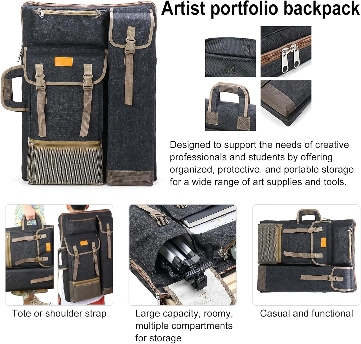TRANSON Art Portfolio Case Artist Backpack Canvas Bag Large 26” x 19.5”
