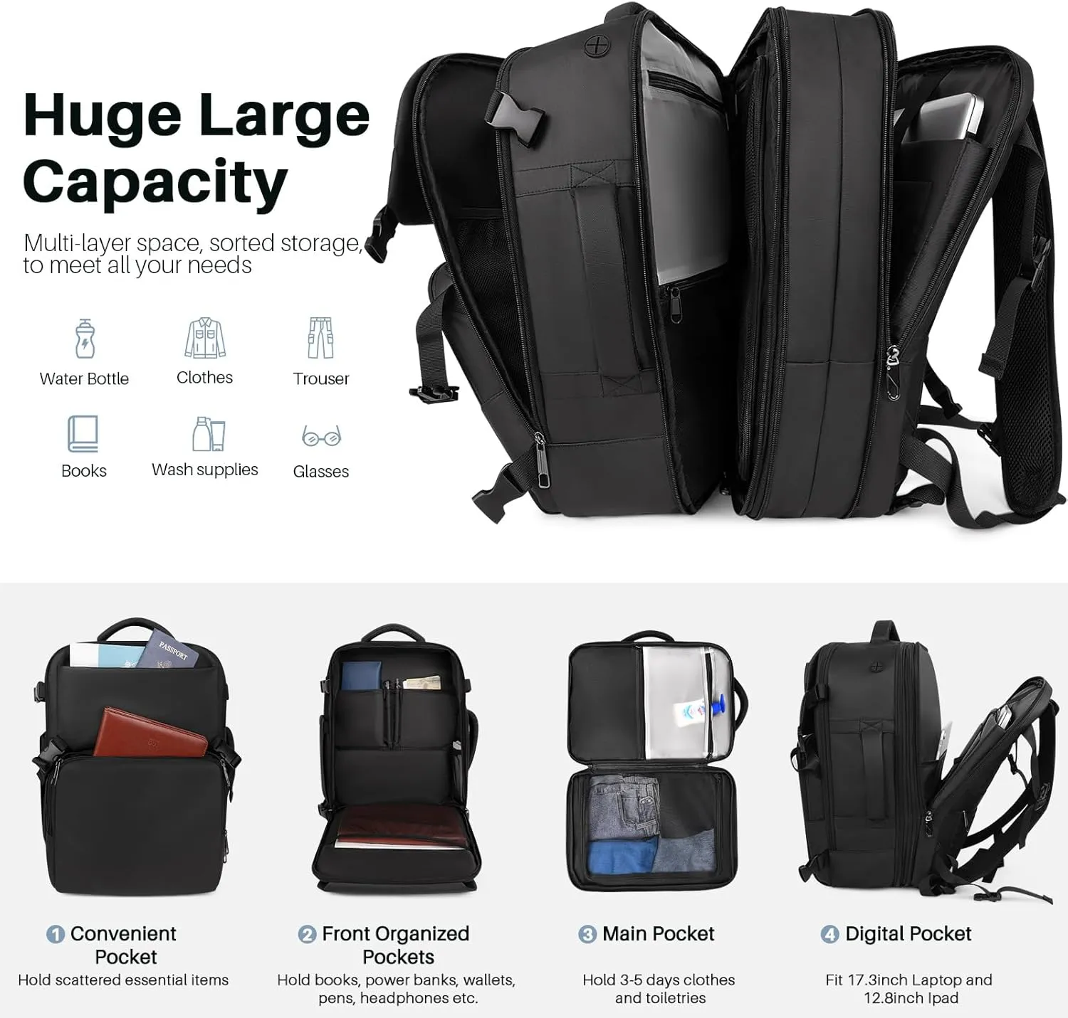 Travel Backpack Carry On Flight Approved, Lightweight Large Travel Backpack, Expandable with USB Charging Hole, Waterproof Causal Bookbag for Travel Work College Fits 17inch Laptop, Black
