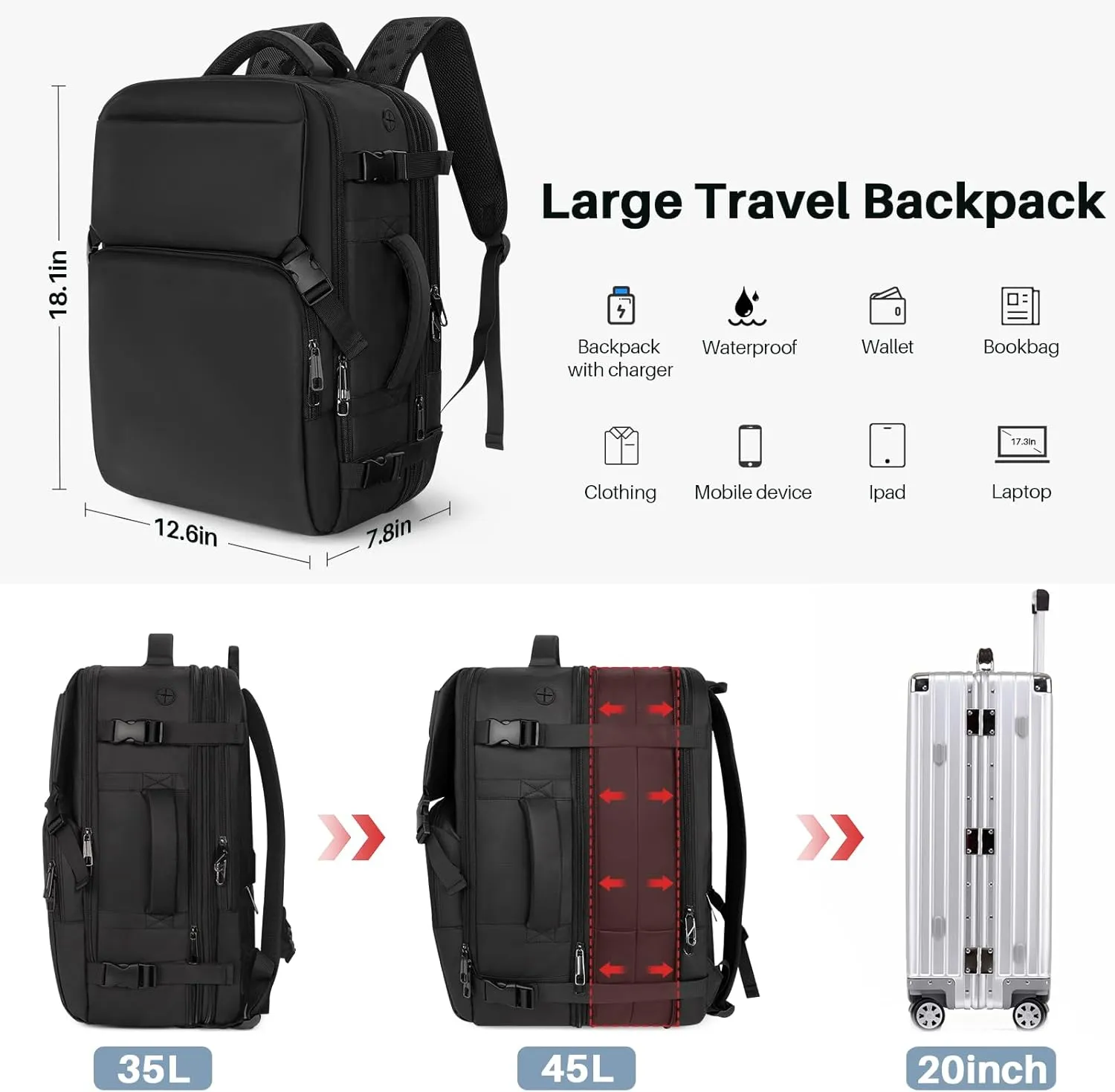 Travel Backpack Carry On Flight Approved, Lightweight Large Travel Backpack, Expandable with USB Charging Hole, Waterproof Causal Bookbag for Travel Work College Fits 17inch Laptop, Black