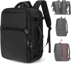 Travel Backpack Carry On Flight Approved, Lightweight Large Travel Backpack, Expandable with USB Charging Hole, Waterproof Causal Bookbag for Travel Work College Fits 17inch Laptop, Black