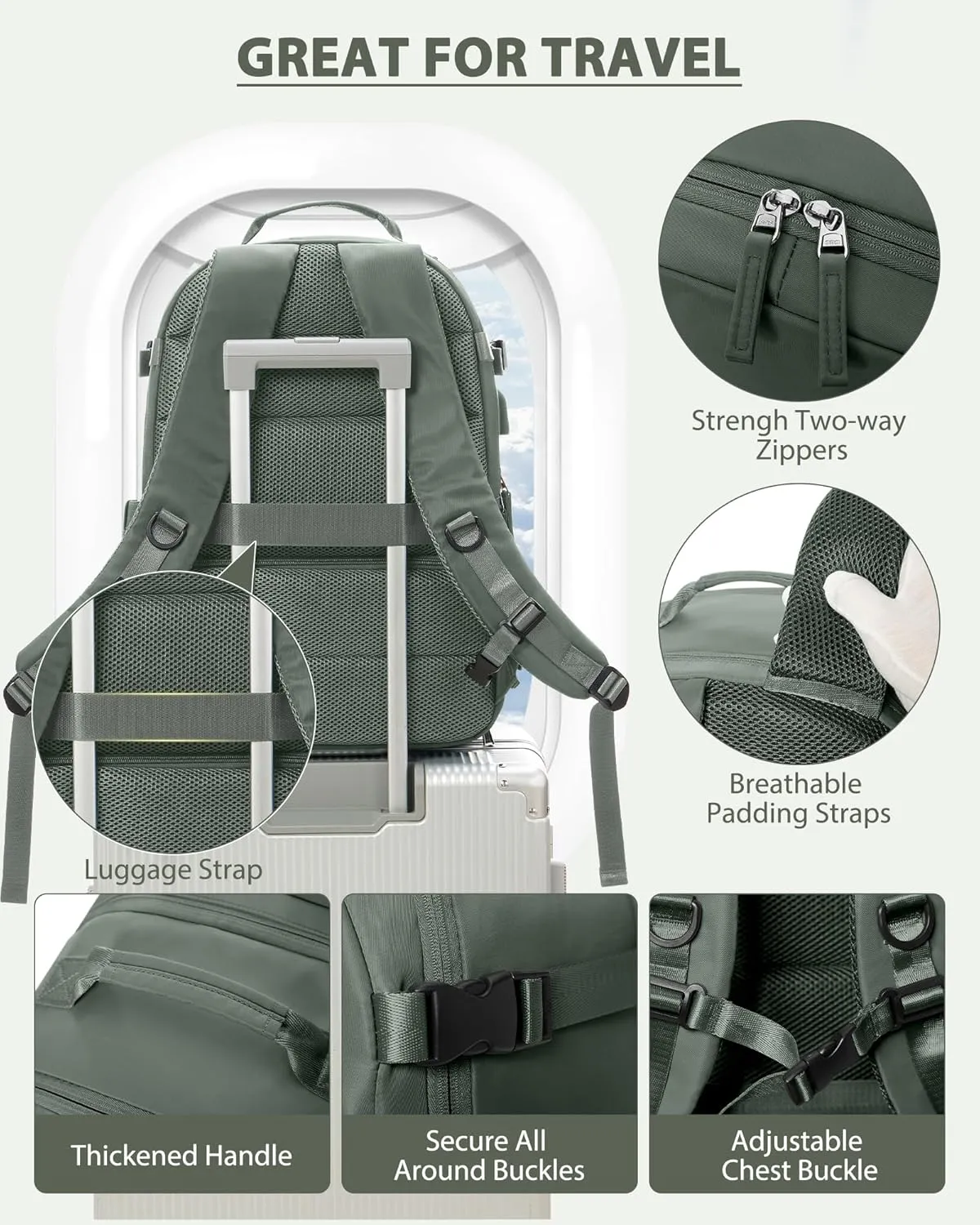 Travel Backpack for Men Women,Carry-on Backpack Bag Luggage Business Laptop Backpack Flight Approved College Backpack Personal Item Travel Bag Rucksack Casual Daypack for Weekend Hiking Dark Green