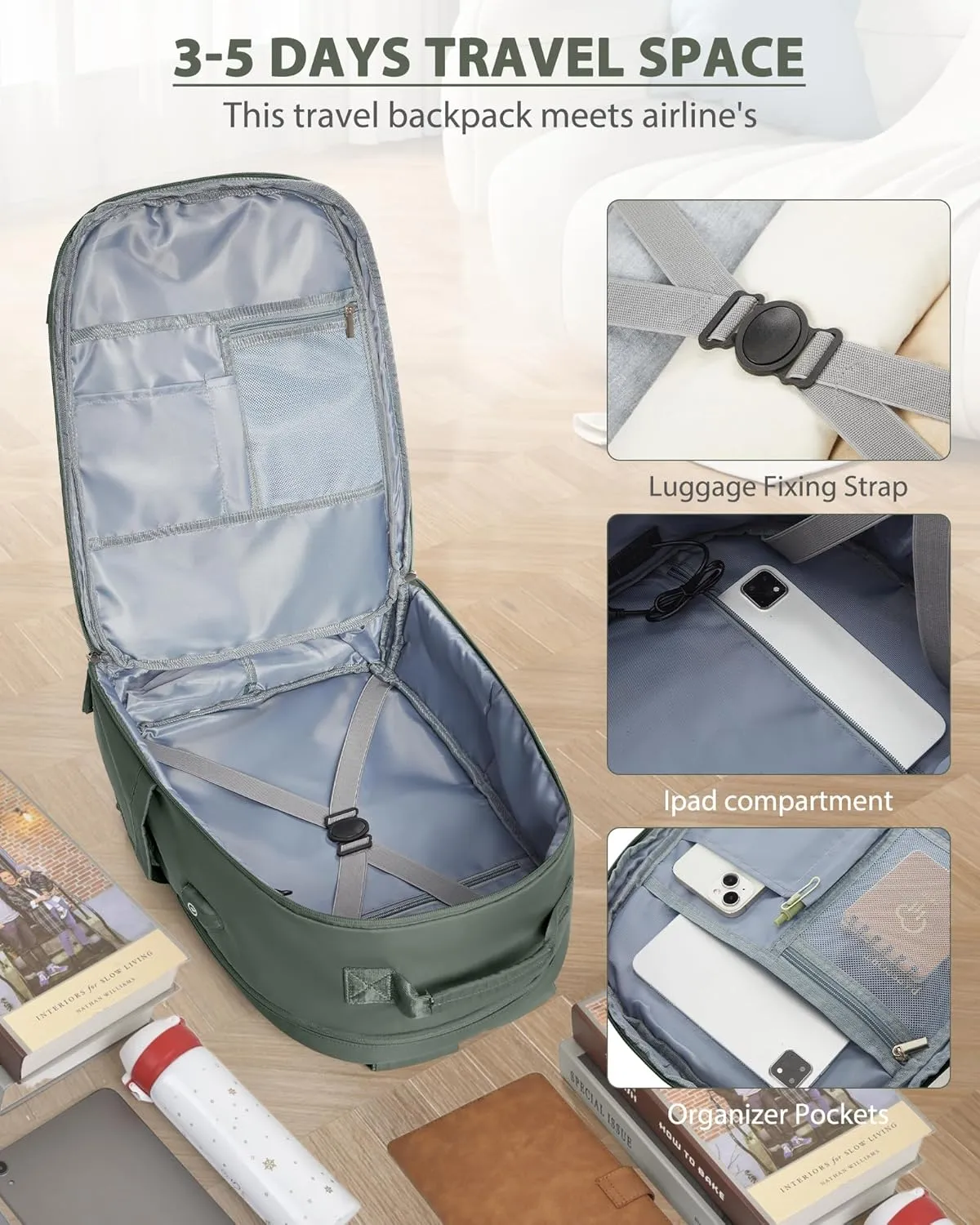 Travel Backpack for Men Women,Carry-on Backpack Bag Luggage Business Laptop Backpack Flight Approved College Backpack Personal Item Travel Bag Rucksack Casual Daypack for Weekend Hiking Dark Green