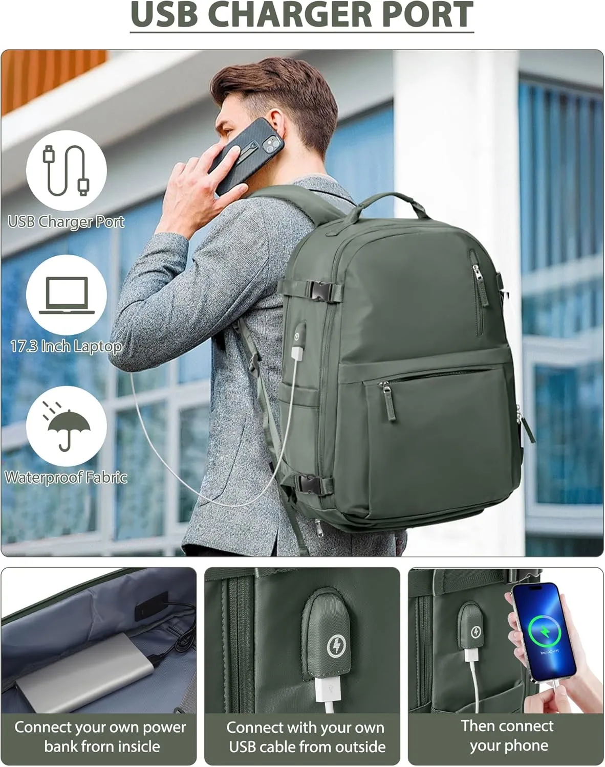 Travel Backpack for Men Women,Carry-on Backpack Bag Luggage Business Laptop Backpack Flight Approved College Backpack Personal Item Travel Bag Rucksack Casual Daypack for Weekend Hiking Dark Green