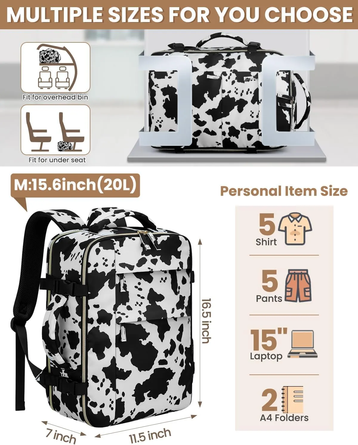 Travel Backpack for Women Man, Waterproof Personal Item Travel Bag Airline Approved Laptop Backpack Weekender bags Bookbag for Business,Travel, Work Fits 15.6 inch Laptop(Medium,Cowprint)