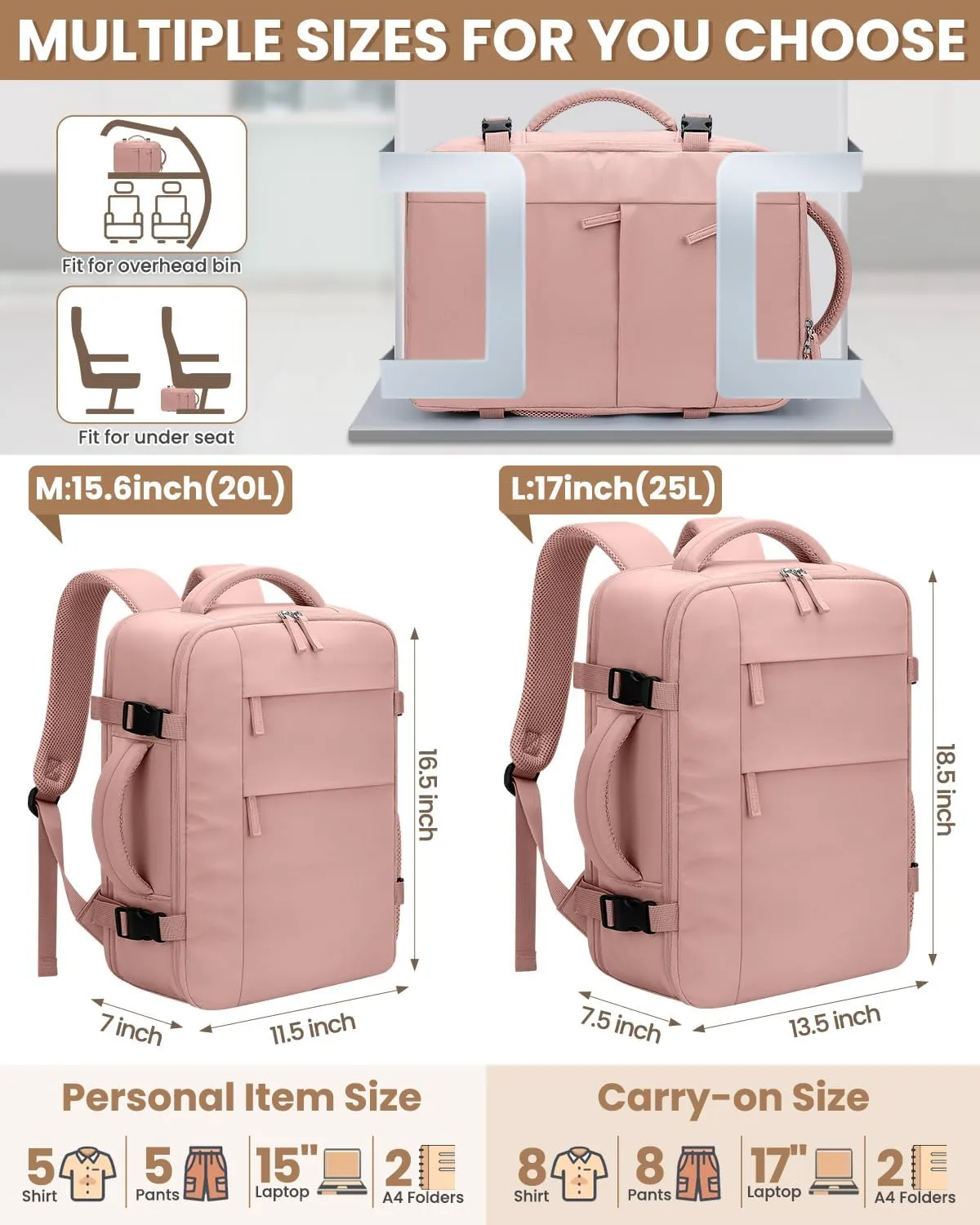 Travel Backpack for Women Man, Waterproof Travel Bag Airline Approved Laptop Backpack Carry on Weekender Overnight Bag Bookbag for Business,Travel, Work Fits 17.3 inch Laptop(Large,Pink)