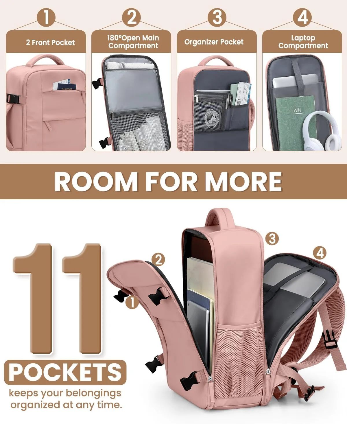 Travel Backpack for Women Man, Waterproof Travel Bag Airline Approved Laptop Backpack Carry on Weekender Overnight Bag Bookbag for Business,Travel, Work Fits 17.3 inch Laptop(Large,Pink)