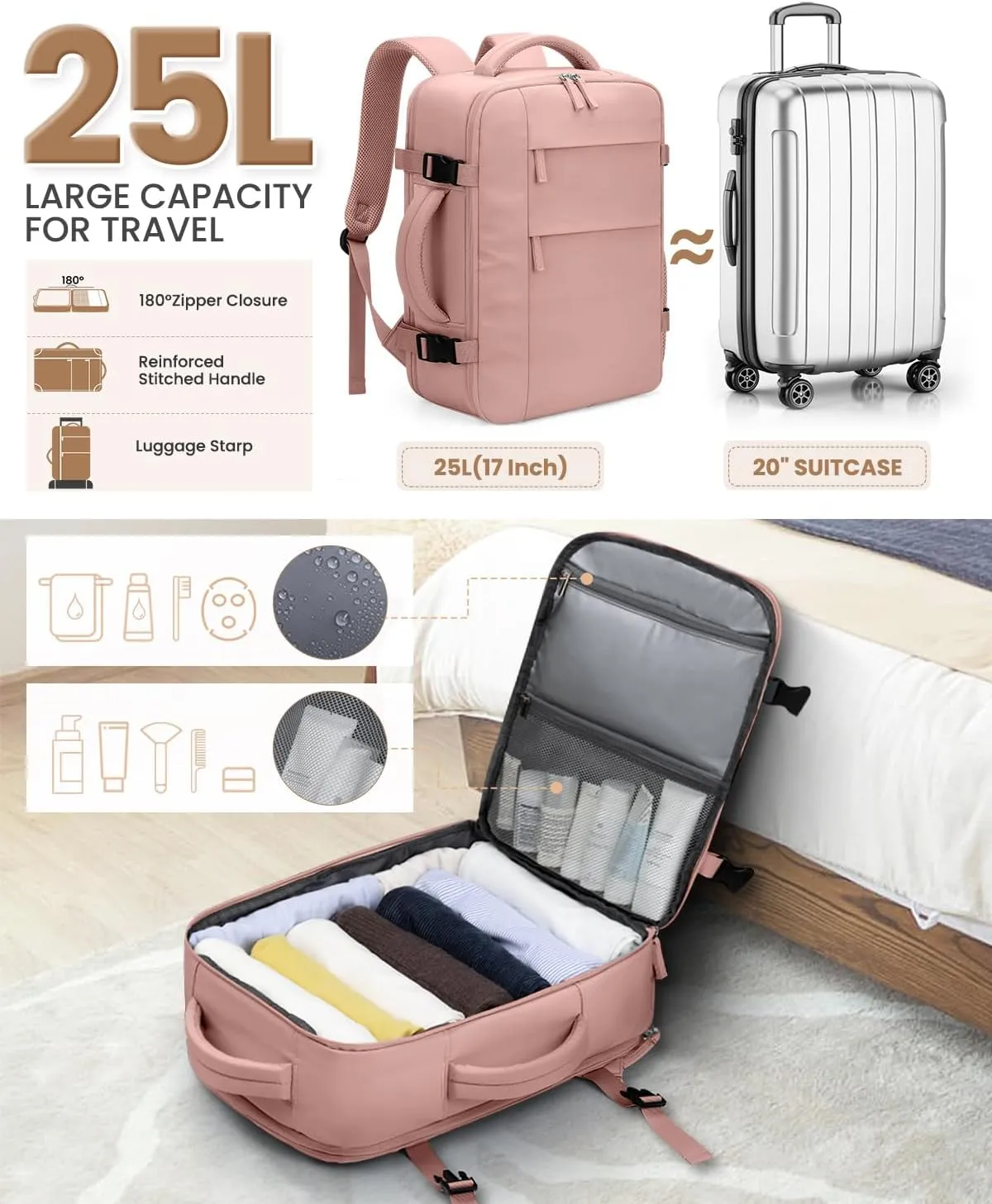 Travel Backpack for Women Man, Waterproof Travel Bag Airline Approved Laptop Backpack Carry on Weekender Overnight Bag Bookbag for Business,Travel, Work Fits 17.3 inch Laptop(Large,Pink)
