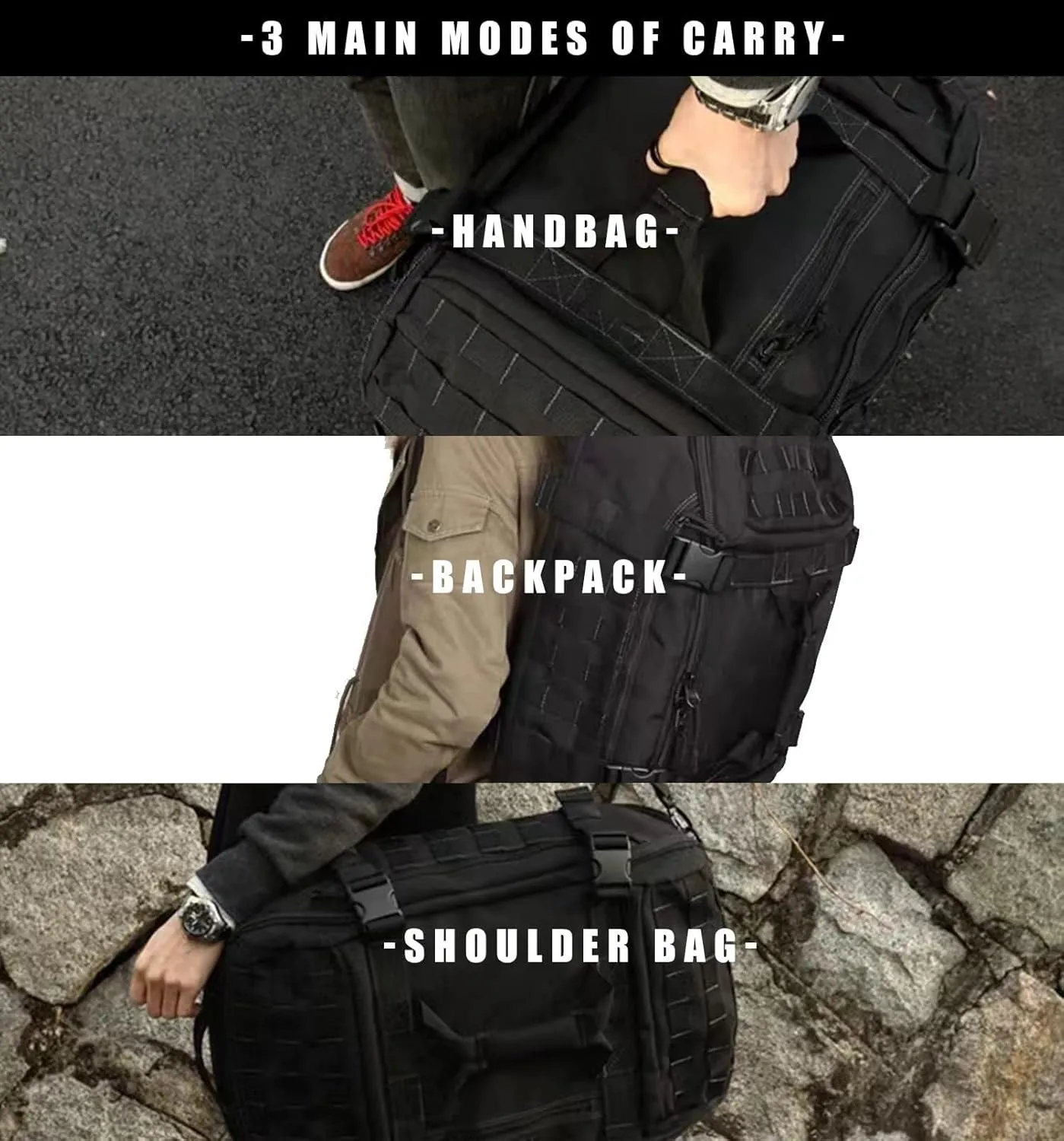 Travel Duffle Bag Backpack for Men - Large Tactical Bags Weekender Gym Bag for Overnight Traveling Military Workout Deployment Sports (Black, 25L)