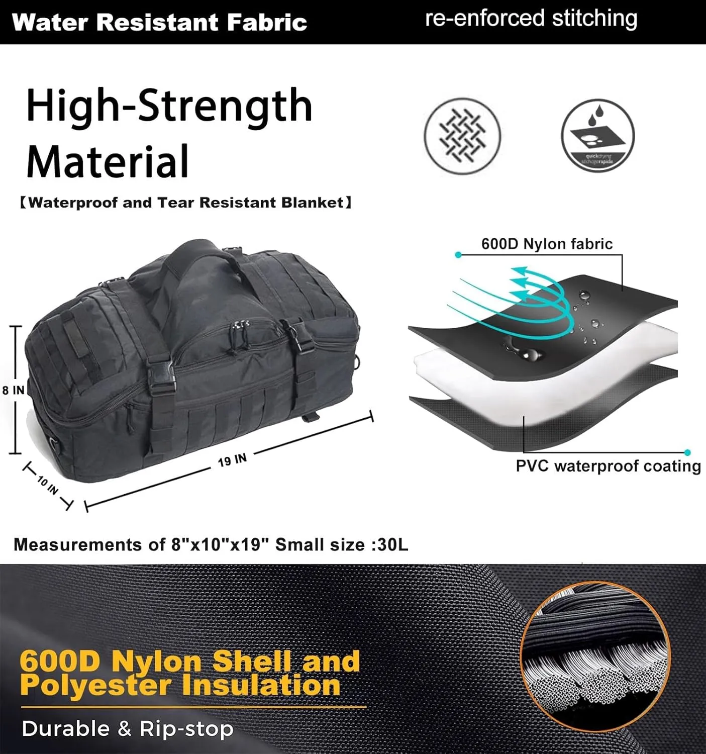 Travel Duffle Bag Backpack for Men - Large Tactical Bags Weekender Gym Bag for Overnight Traveling Military Workout Deployment Sports (Black, 25L)