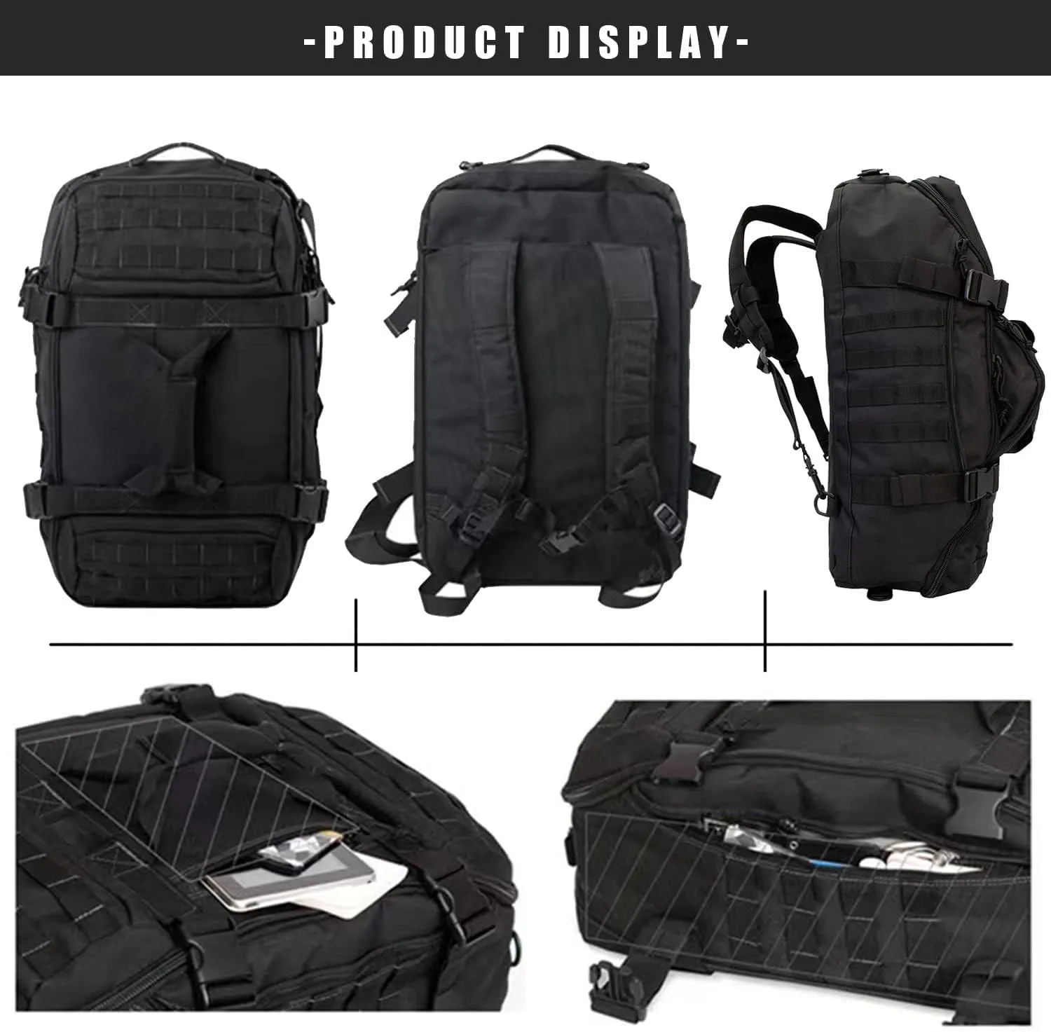 Travel Duffle Bag Backpack for Men - Large Tactical Bags Weekender Gym Bag for Overnight Traveling Military Workout Deployment Sports (Black, 25L)