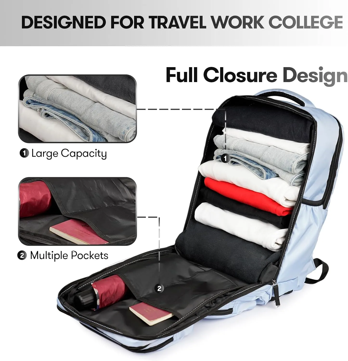 Travel Laptop Backpack, 17 inch Carry on Backpack Flight Approved. Full Closure Design and Separate Shoe Area. 8 Pockets Large Capacity. Sky-Blue