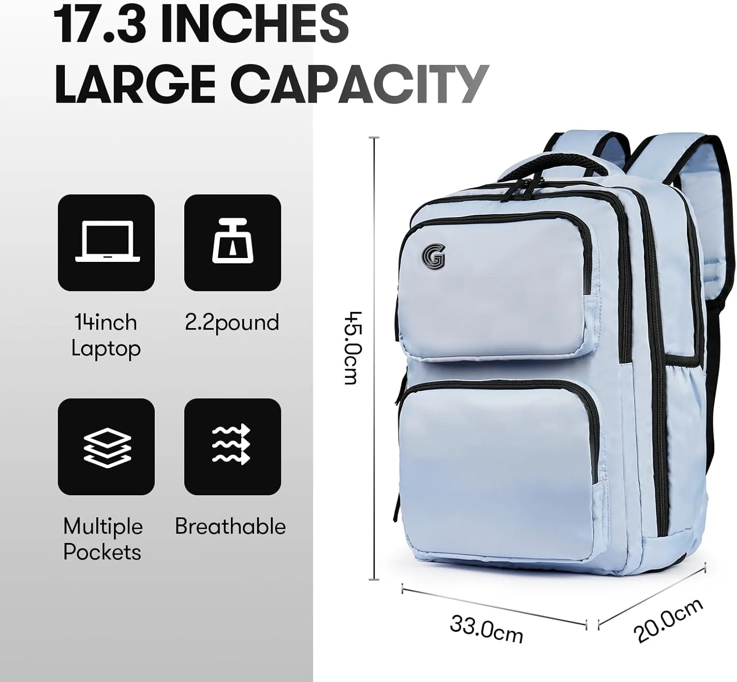 Travel Laptop Backpack, 17 inch Carry on Backpack Flight Approved. Full Closure Design and Separate Shoe Area. 8 Pockets Large Capacity. Sky-Blue