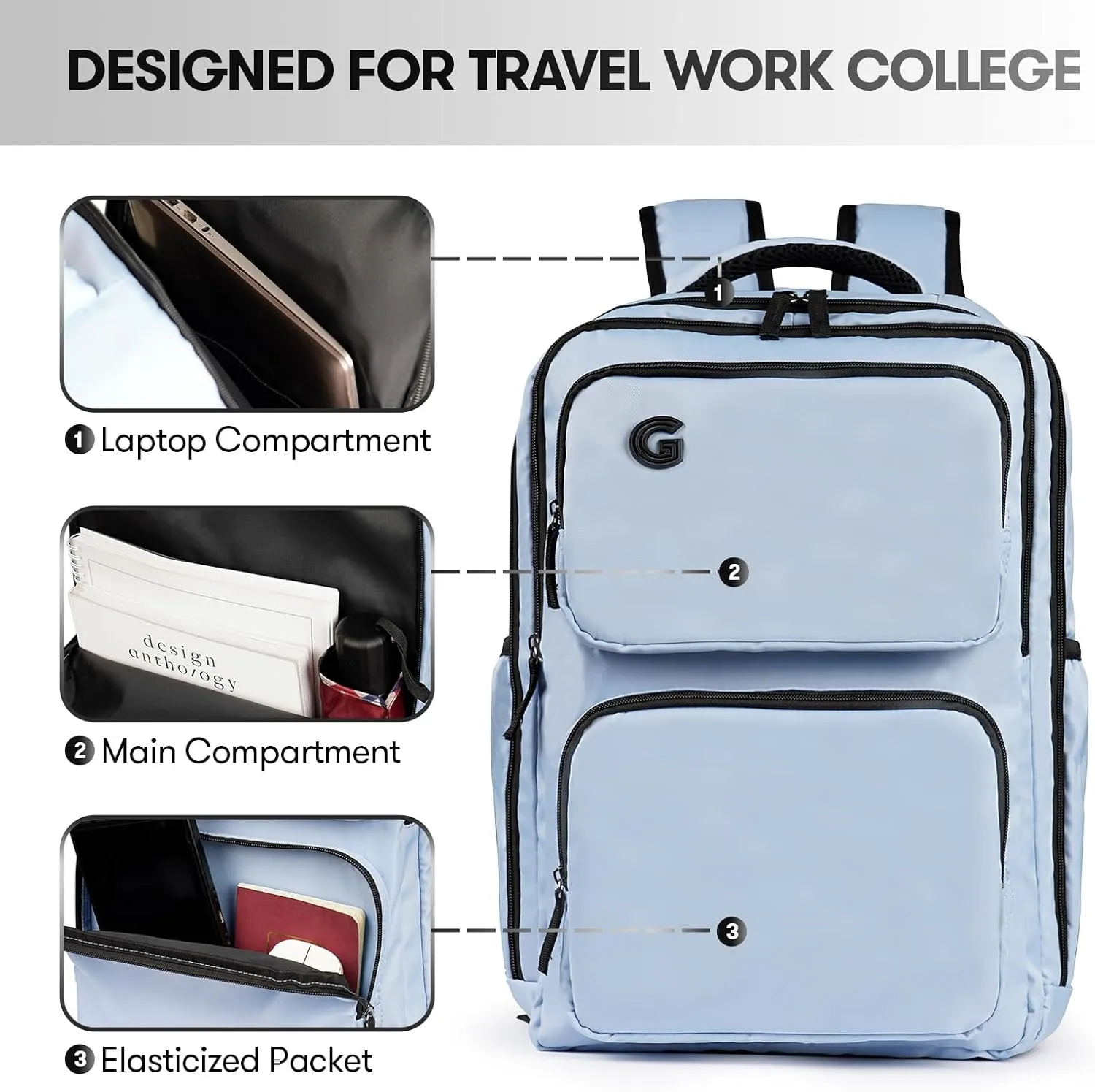 Travel Laptop Backpack, 17 inch Carry on Backpack Flight Approved. Full Closure Design and Separate Shoe Area. 8 Pockets Large Capacity. Sky-Blue
