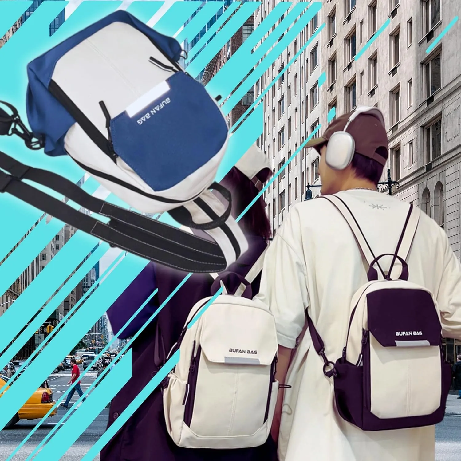 Travel Reflective Convertible Sling Backpack with Key Ring Strap, Large Capacity Water Resistant Anti-Theft Safety Chest Bags, Lightweight Crossbody Daypack for Work Hiking (Blue White)