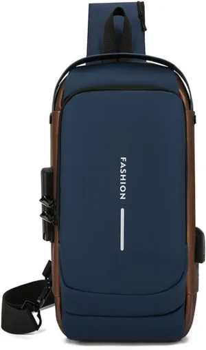 Travel Sling Bag Waterproof Crossbody Bag with Combination Lock Anti-Theft PU Leather Chest Bag with USB Charging Hole Shoulder Backpack Blue