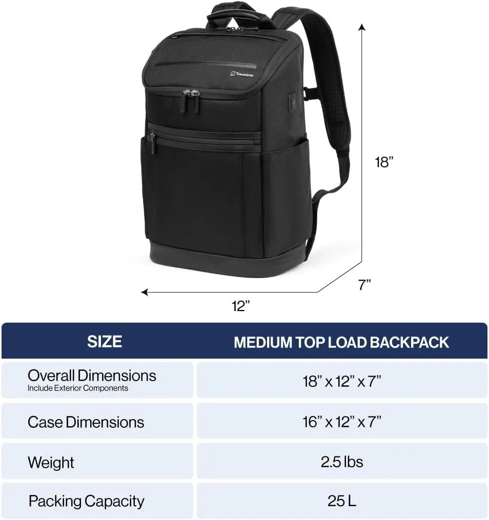 Travelpro Crew Executive Choice 3 Medium Top Load Backpack fits up to 15.6 Laptops and Tablets, USB A and C Ports, Men and Women, Jet Black