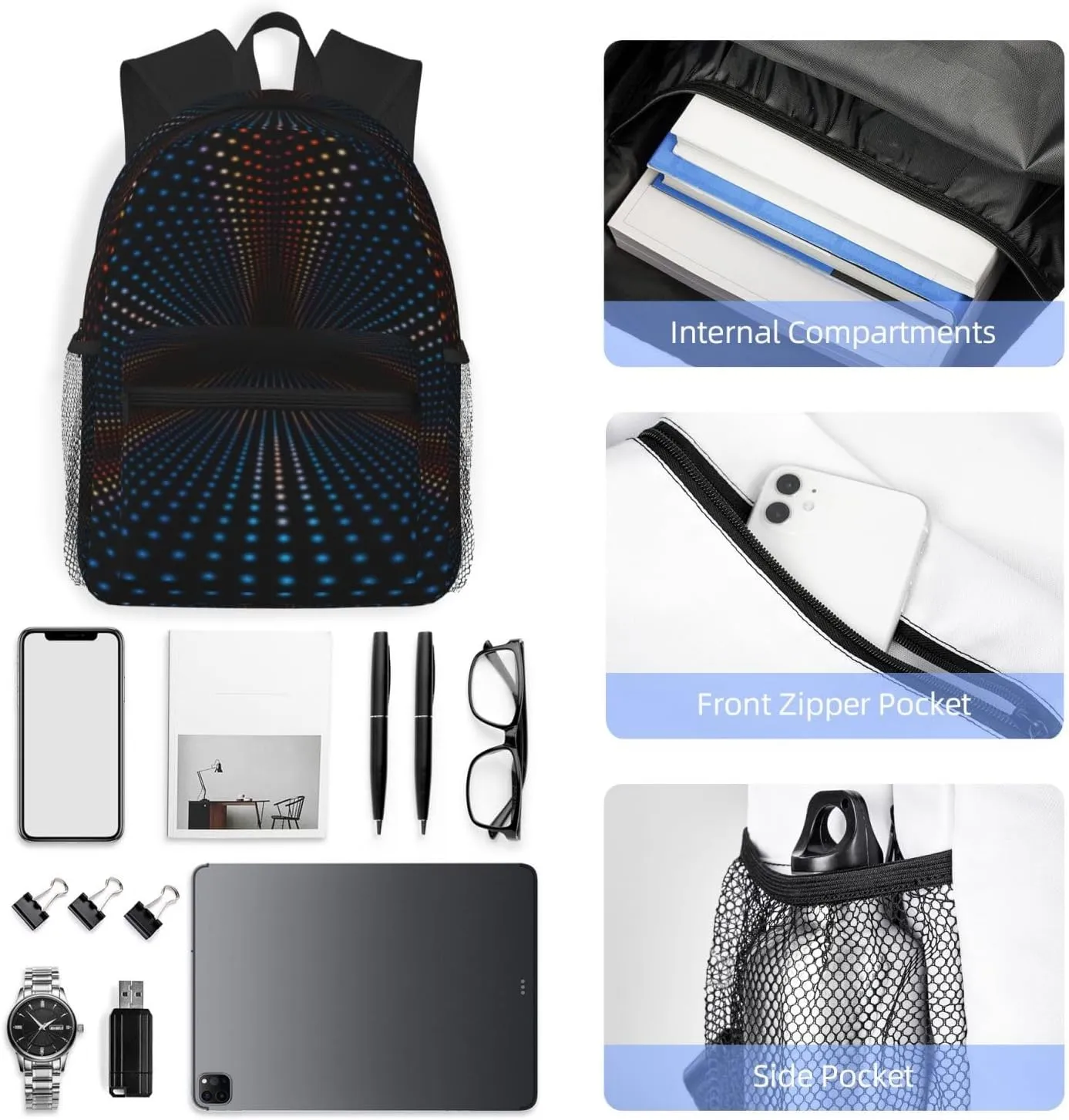 Triangular Polka Dots Tunnel Backpack, Travel Laptop Backpack Computer Bag Rucksack for Men Women Business Work Fits 15.6 Inch Notebook