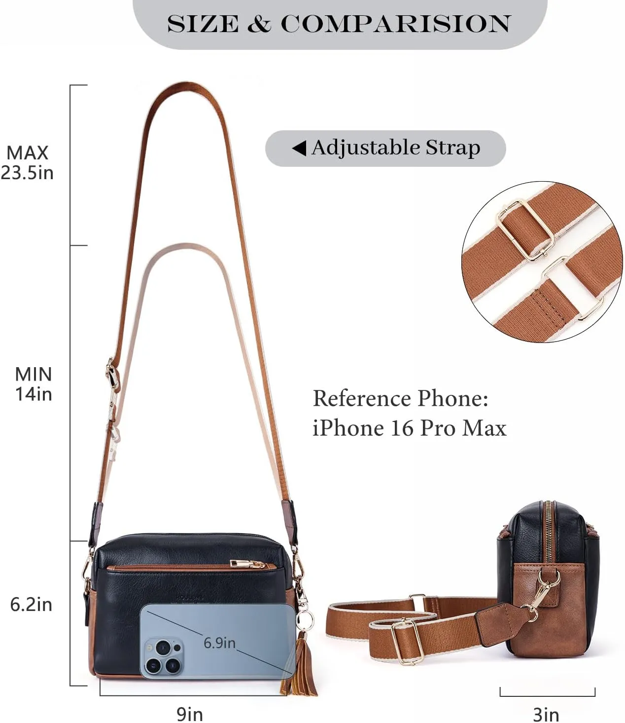 Triple Zip Small Crossbody Bag for women,Wide Strap Cell Phone Purse Shoulder Handbag Wallet with Credit Card Slots