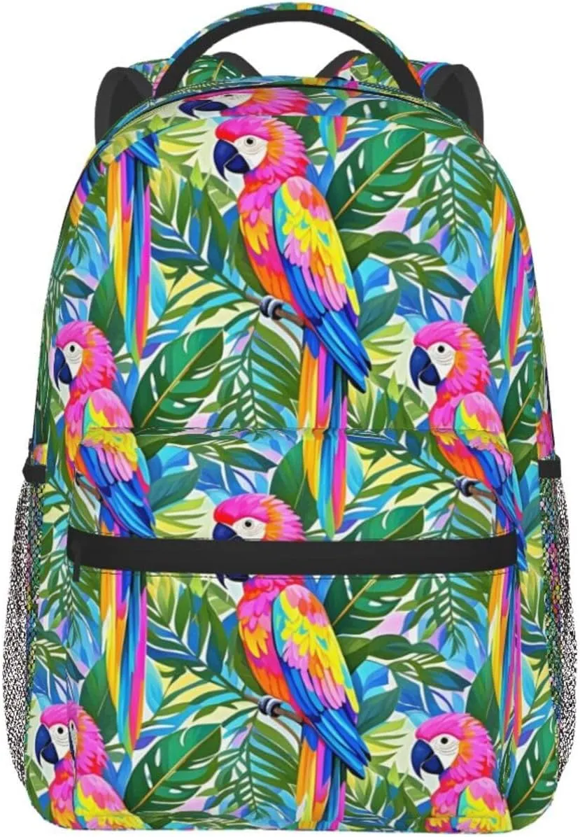 Tropical Colorful Parrots and Leaves Adult Backpacks 15 Inch Laptop Backpack Double Shoulder Bag for Work Travel Gifts